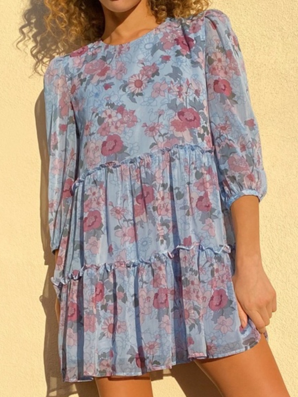 Sunday Best “Lillian” Light Blue Floral Tiered Dress with Pink Accents